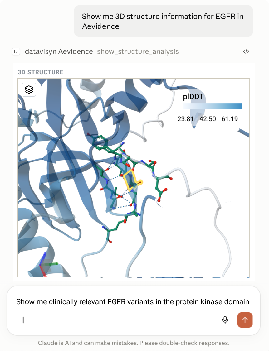 Aevidence 3D structure analysis shown inside Claude via MCP-app